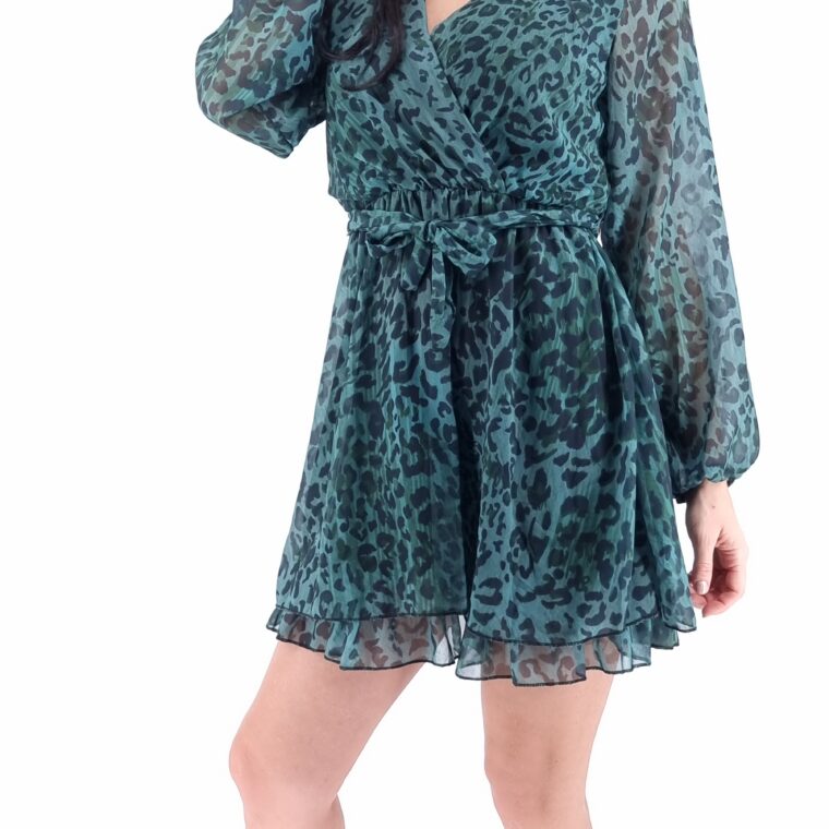 Φόρεμα κοντό animal print με ίδια ζώνη πράσινο
