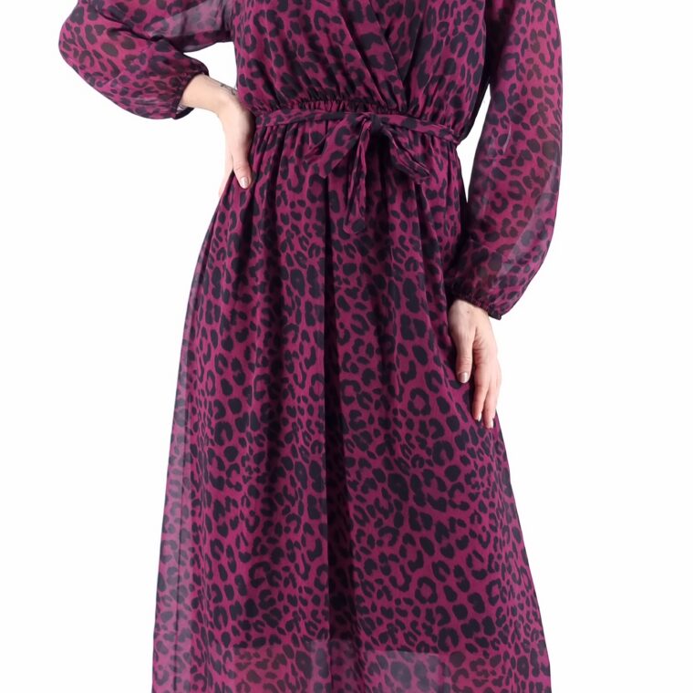Φόρεμα μακρύ animal print κρουαζέ με ίδια ζώνη βυσσινί