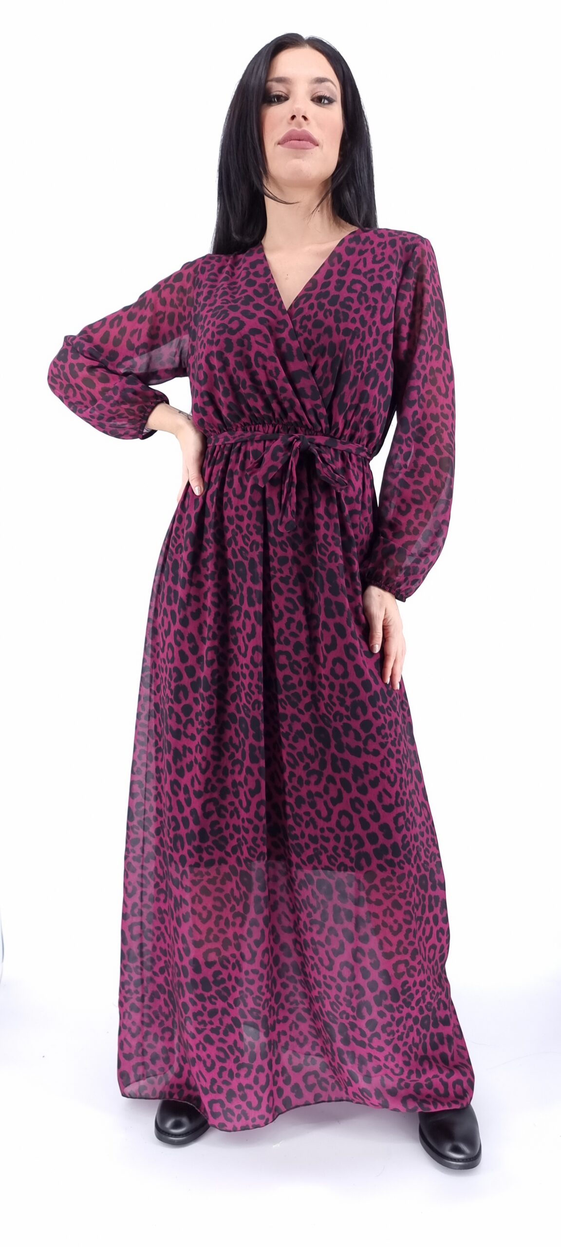 Φόρεμα μακρύ animal print κρουαζέ με ίδια ζώνη βυσσινί