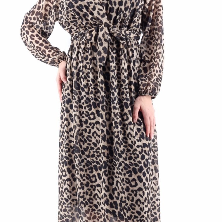 Φόρεμα μακρύ animal print κρουαζέ με ίδια ζώνη μπεζ