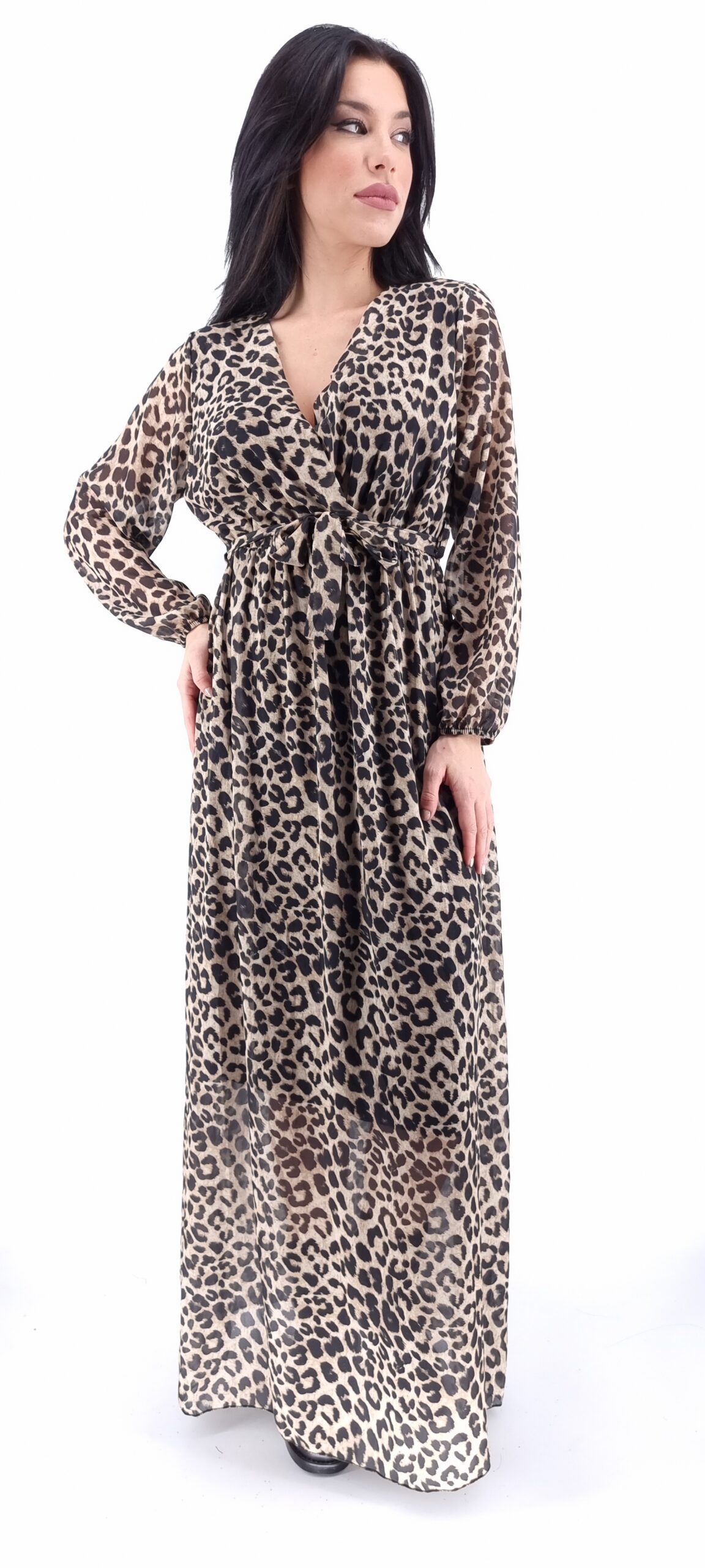 Φόρεμα μακρύ animal print κρουαζέ με ίδια ζώνη μπεζ