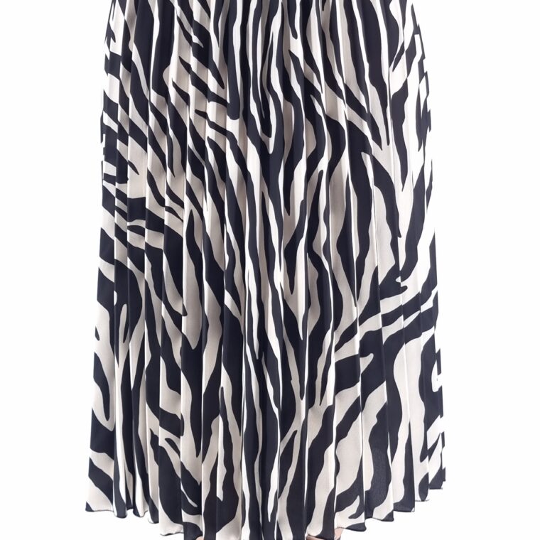 Φούστα πλισέ midi με animal print μοτίβο και λάστιχο στη μέση ασπρόμαυρη