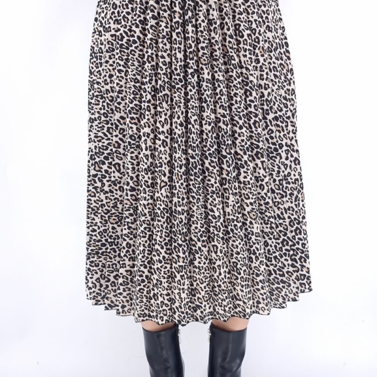 Φούστα πλισέ midi με animal print μοτίβο και λάστιχο στη μέση μπεζ μαύρο