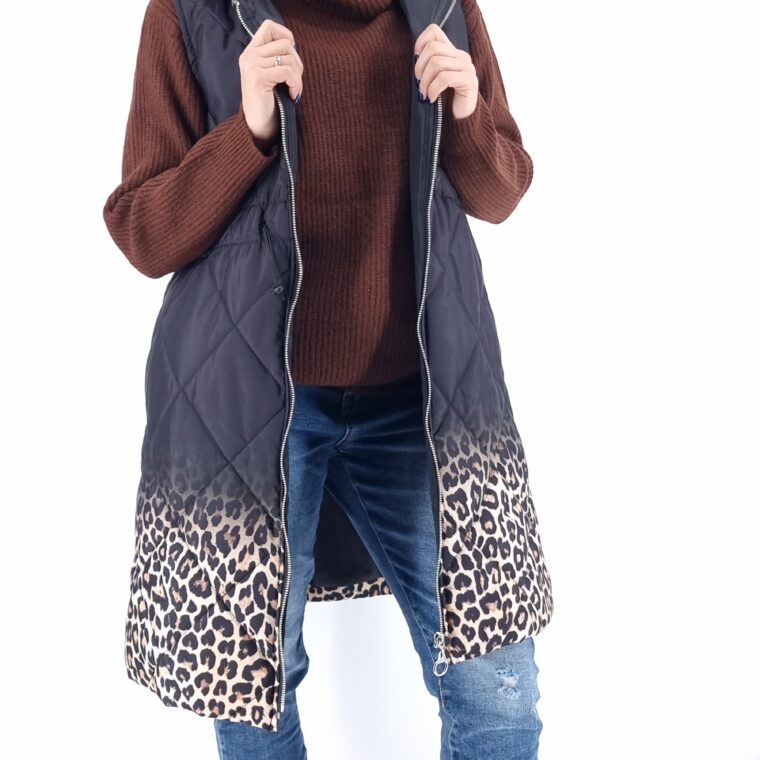 Αμάνικο μακρύ μαύρο μπουφάν με animal print μοτίβο και κουκούλα